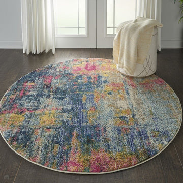 Celestial CES09 Modern Abstract Soft Durable Low Profile Short Pile Blue/Yellow Round Rug-Nourison-Rug Love - The Most Loved Rug Store